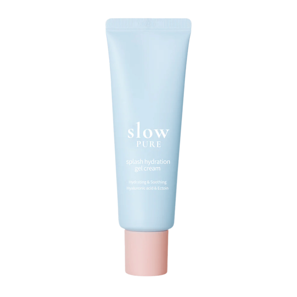Slow Pure Splash Hydration Gel Cream dans un tube bleu avec un bouchon rose, crème-gel hydratante avec acide hyaluronique et ectoine.