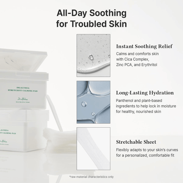 Image – effet / avantages (conversion)
Dr. Althea Stretchfit Calming Pad qui offre une hydratation longue durée, réduit l’irritation et rafraîchit la peau sensible toute la journée.