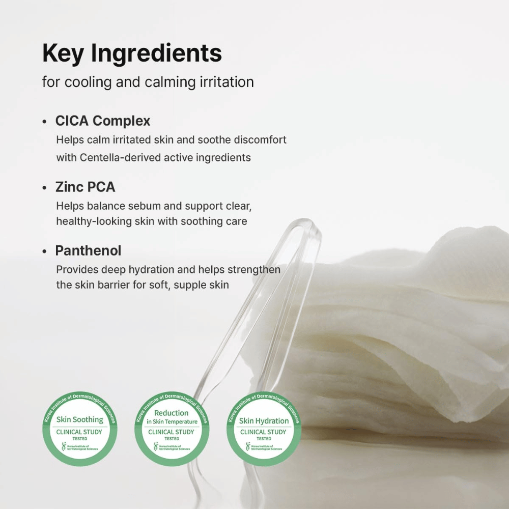 Image – ingrédients (EEAT + SEO)
Dr. Althea Stretchfit Calming Pad avec CICA Complex, Zinc PCA et Panthénol qui apaisent la peau, équilibrent le sébum et renforcent la barrière cutanée.