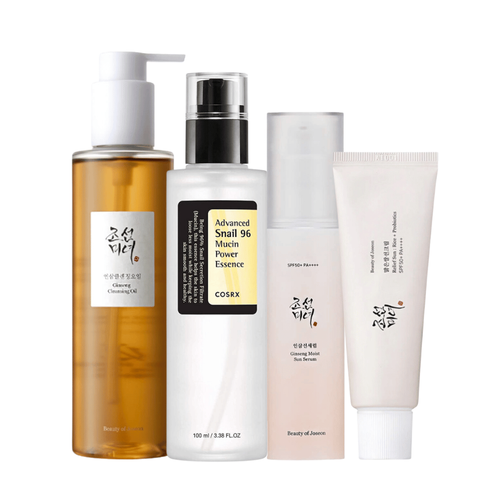 K-Beauty Le kit d'essentiels d'été contient de l'essence de puissance de mucine d'escargot et de l'huile nettoyante au ginseng.