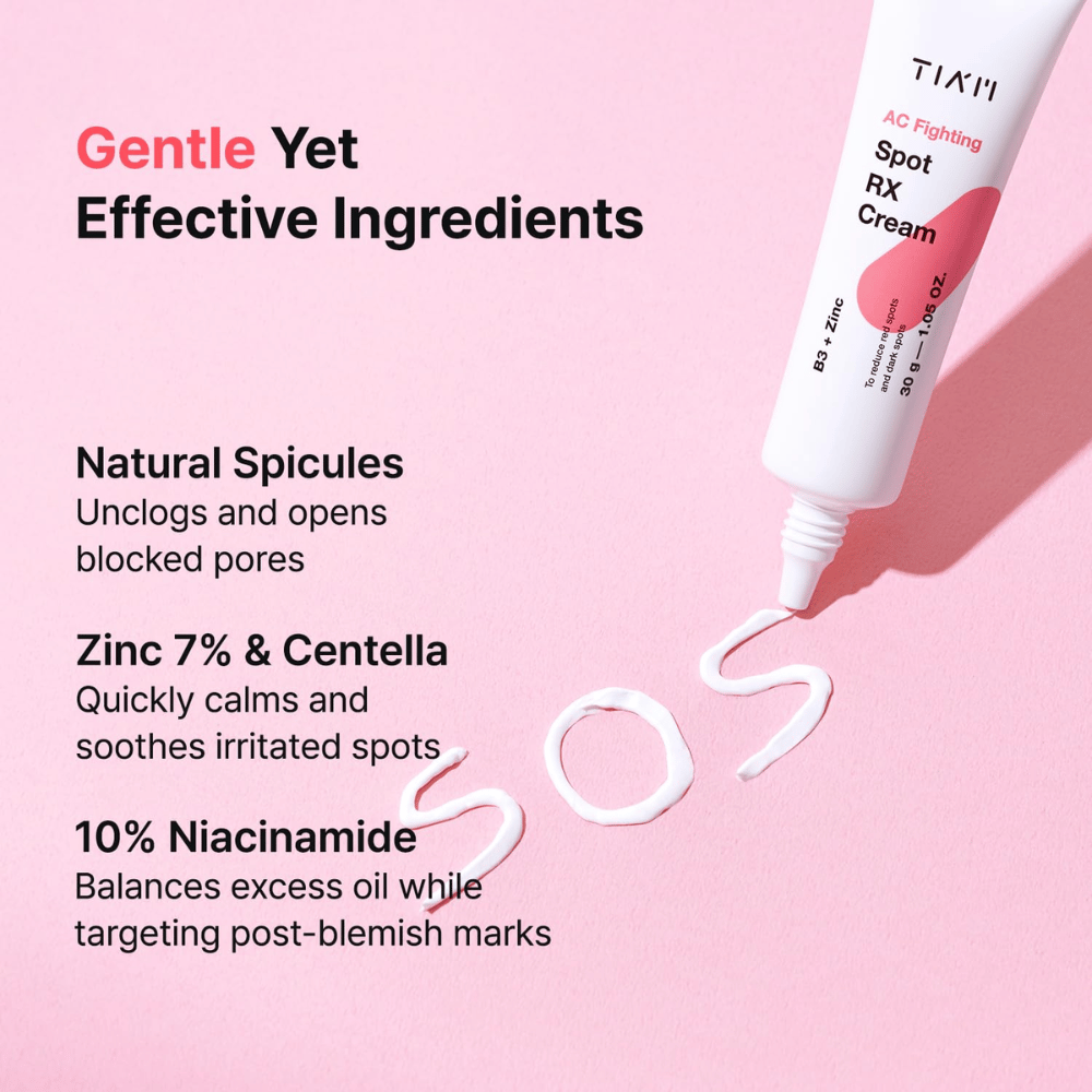 TIA'M AC Fighting Spot RX Cream avec du zinc, de la niacinamide et de la centella – apaise, équilibre le sébum et réduit les taches rouges.