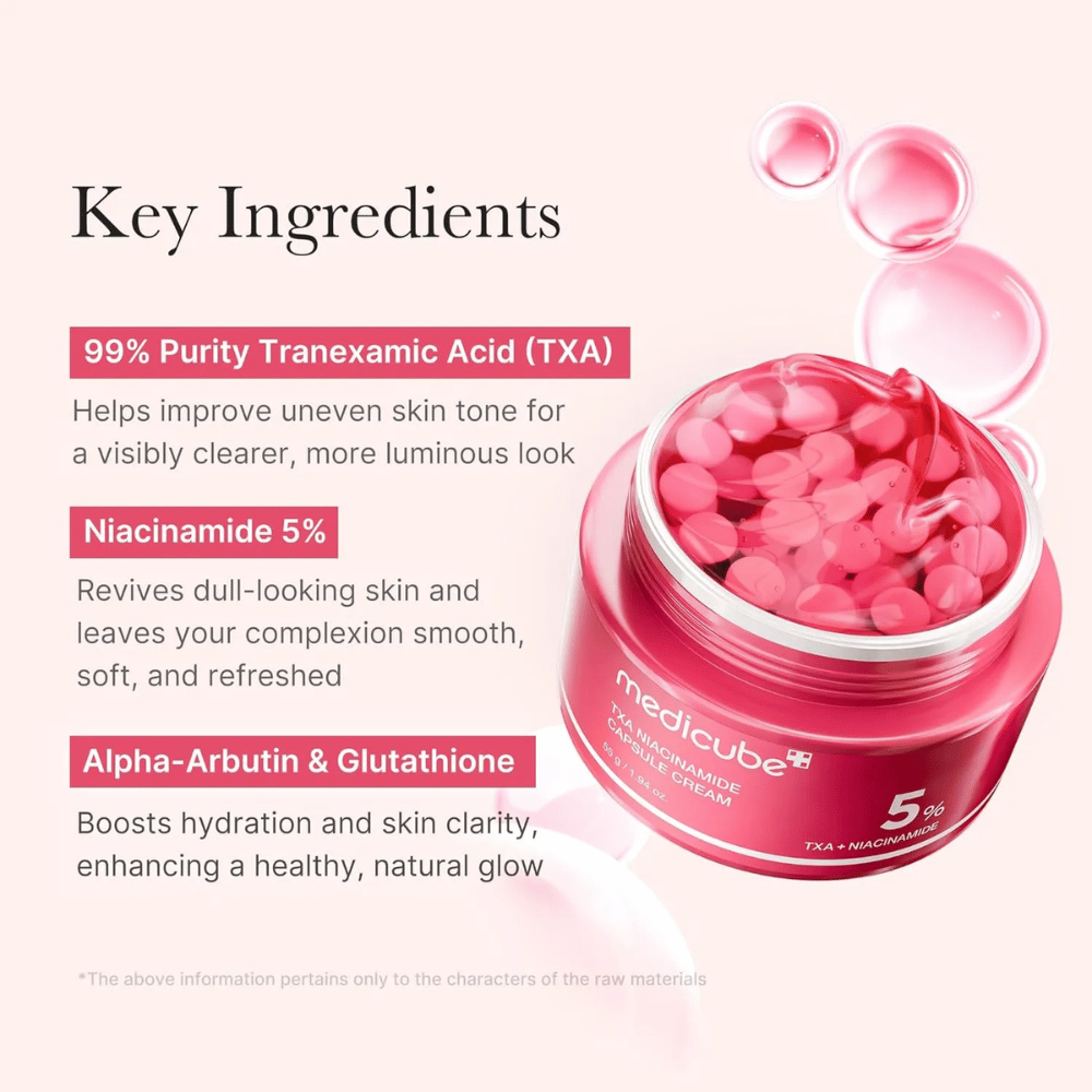 Gros plan de Medicube TXA Niacinamide Capsule Cream avec des capsules roses dans un pot, accompagné d'informations sur les ingrédients clés tels que l'acide tranexamique, la niacinamide, l'alpha-arbutine et le glutathion.