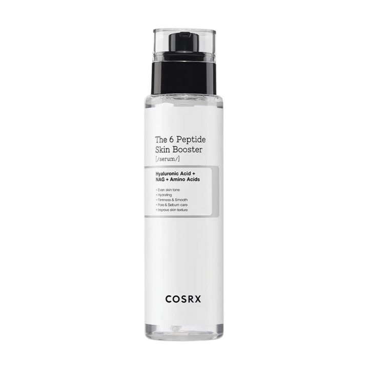 Bouteille de sérum de soins de la peau "The 6 Peptide Skin Booster" avec de l'acide hyaluronique et des acides aminés de COSRX.