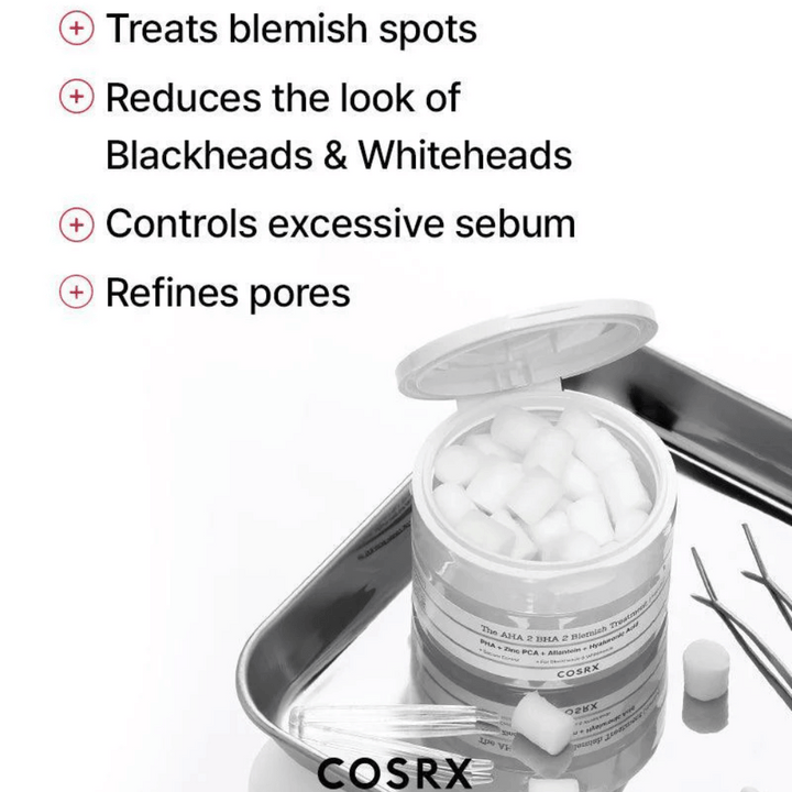 COSRX AHA 2 BHA 2 Blemish Treatment est efficace pour traiter les boutons, réduire la visibilité des points noirs et des comédons blancs, contrôler l'excès de sébum et affiner les pores. Parfait pour une peau plus claire.