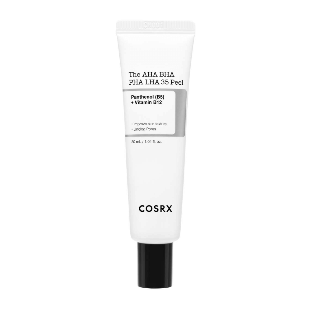 COSRX AHA BHA PHA LHA 35 Peel, un produit exfoliant avec du panthénol (B5) et de la vitamine B12. Améliore la texture de la peau et nettoie les pores obstrués. Contenu : 30 ml.