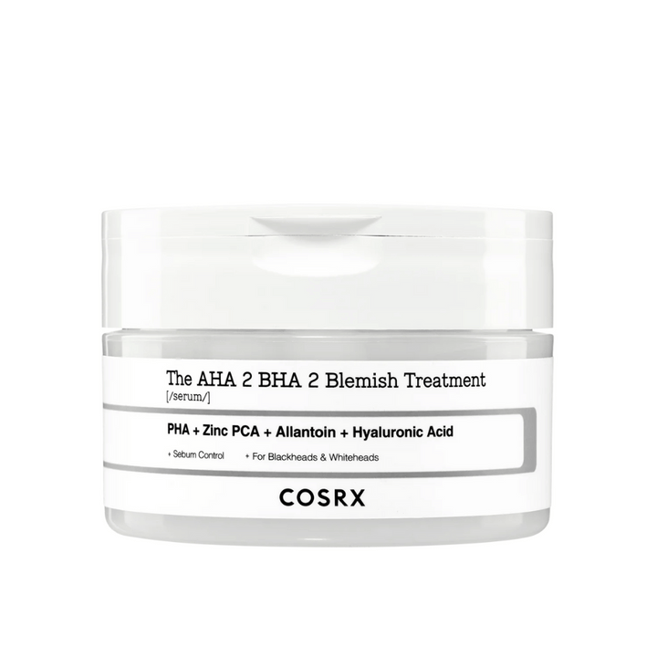 COSRX AHA 2 BHA 2 Blemish Treatment, un sérum avec PHA, zinc PCA, allantoïne et acide hyaluronique. Conçu pour contrôler la production de sébum et lutter contre les points noirs et les comédons blancs. Parfait pour améliorer la clarté de la peau.
