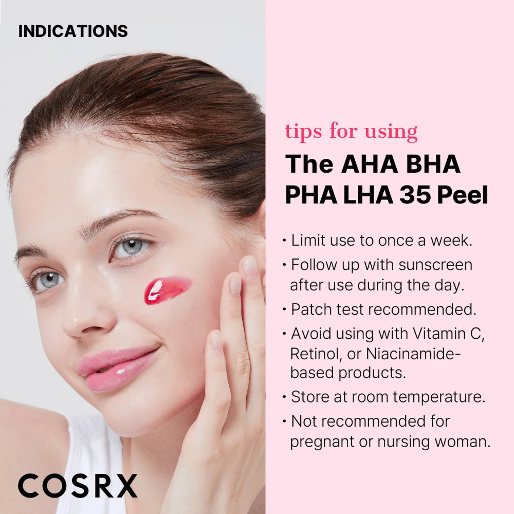 Instructions pour l'utilisation de COSRX AHA BHA PHA LHA 35 Peel:

Utiliser au maximum une fois par semaine.
Suivre avec une protection solaire pendant la journée.
Il est recommandé de tester d'abord sur une petite zone.
Éviter de combiner avec des produits contenant de la vitamine C, du rétinol ou de la niacinamide.
Conserver à température ambiante.
Non recommandé pour les femmes enceintes ou allaitantes.