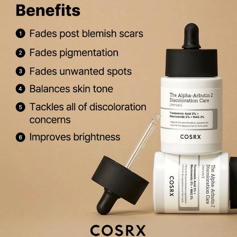 COSRX The Alpha-Arbutin 2 Discoloration Care Serum aide à réduire les cicatrices d'acné, éclaircir les taches pigmentaires, uniformiser le teint et améliorer la luminosité de la peau. Contient de l'acide tranexamique, de la niacinamide et du NAG pour une peau plus claire.