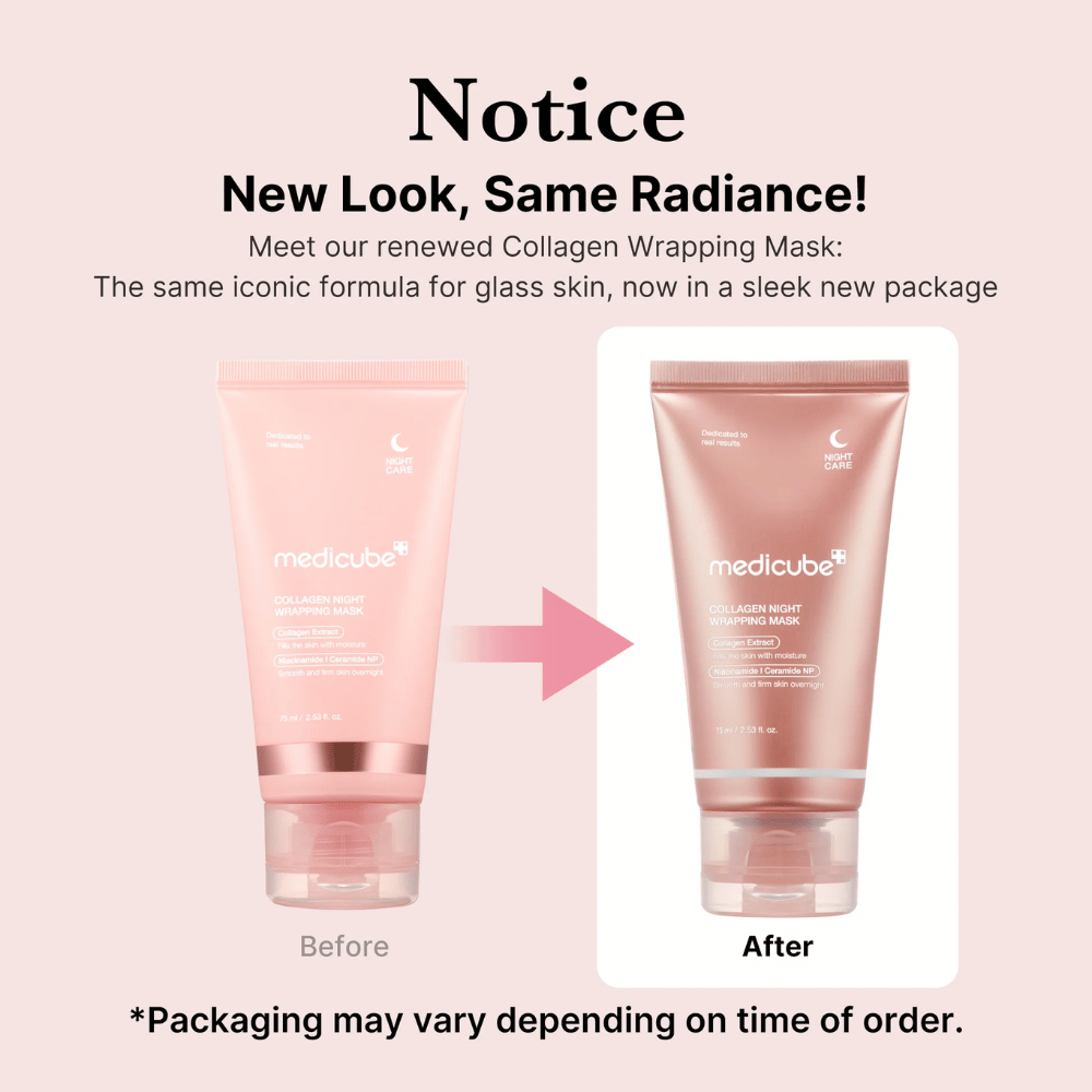 Nouveau look, mêmes résultats éclatants ! Medicube Collagen Wrapping Mask a maintenant un emballage renouvelé et élégant mais conserve sa formule iconique pour une peau éclatante. *L'emballage peut varier selon le moment de la commande.
