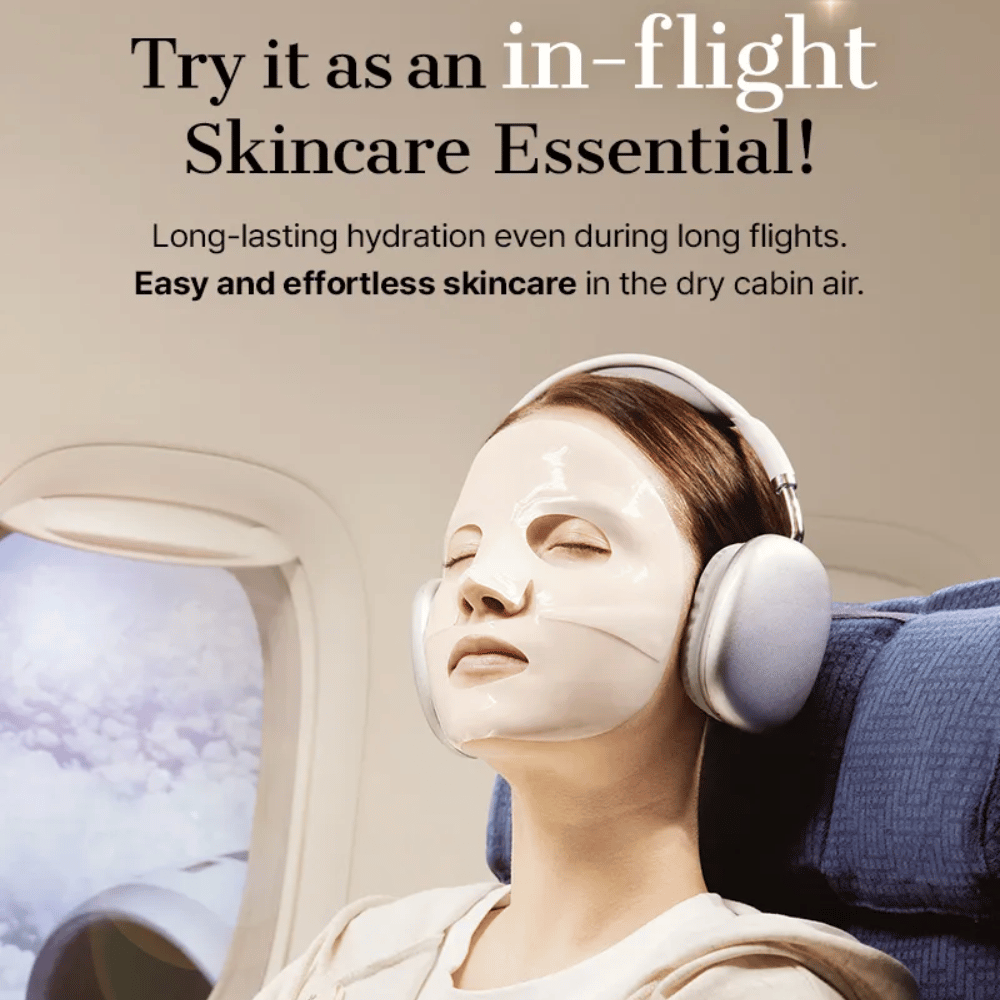 COSRX Alpha-Arbutin Discoloration Care Hydrogel Mask pendant le vol – sheet mask hydratant qui combat la peau sèche et donne un teint plus uniforme même dans l'air sec de la cabine.