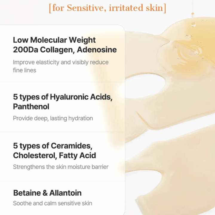 COSRX Alpha-Arbutin Discoloration Care Hydrogel Mask avec céramides, acide hyaluronique et panthénol – sheet mask apaisant pour la peau sensible et irritée.