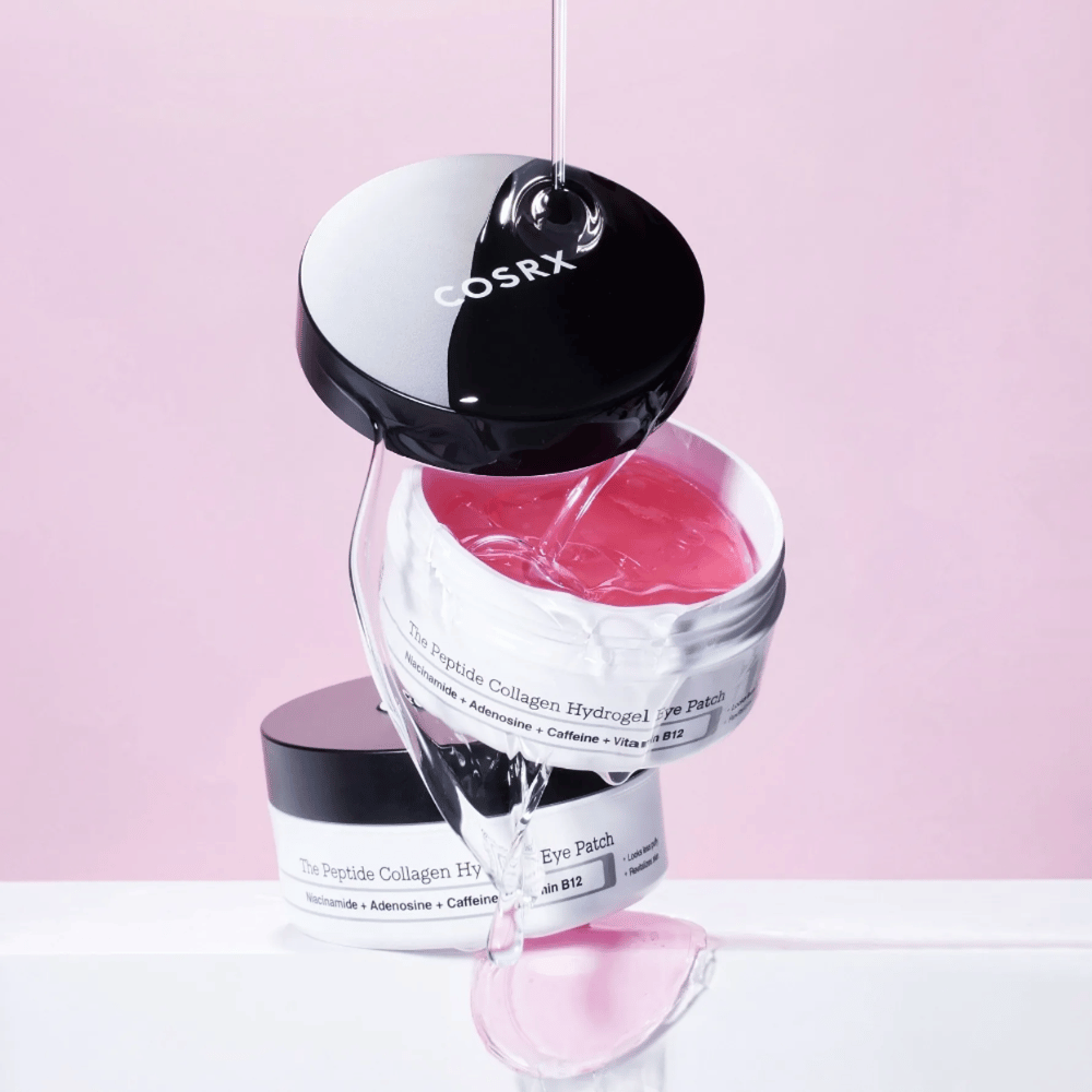 COSRX Peptide Collagen Hydrogel Eye Patch – formule gelée rose riche en niacinamide, adénosine, caféine et vitamine B12.