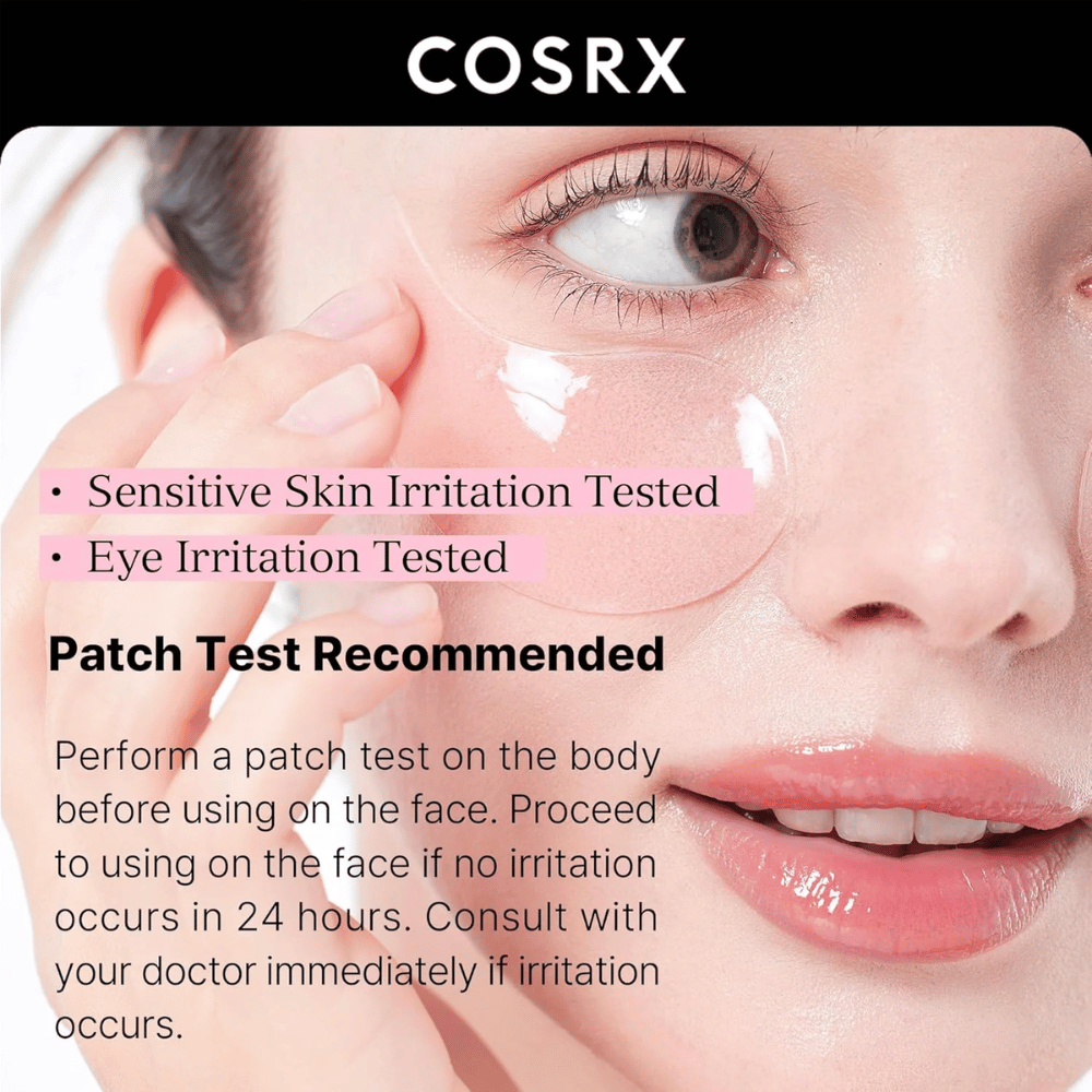 COSRX Peptide Collagen Hydrogel Eye Patch – testé pour la peau sensible et l'irritation des yeux, sûr pour une utilisation quotidienne.