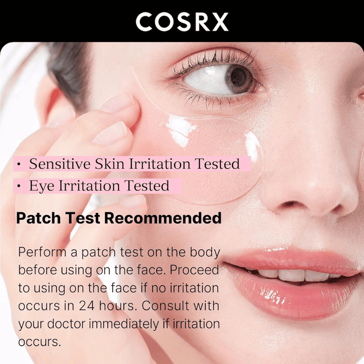 COSRX Peptide Collagen Hydrogel Eye Patch – testé pour la peau sensible et l'irritation des yeux, sûr pour une utilisation quotidienne.