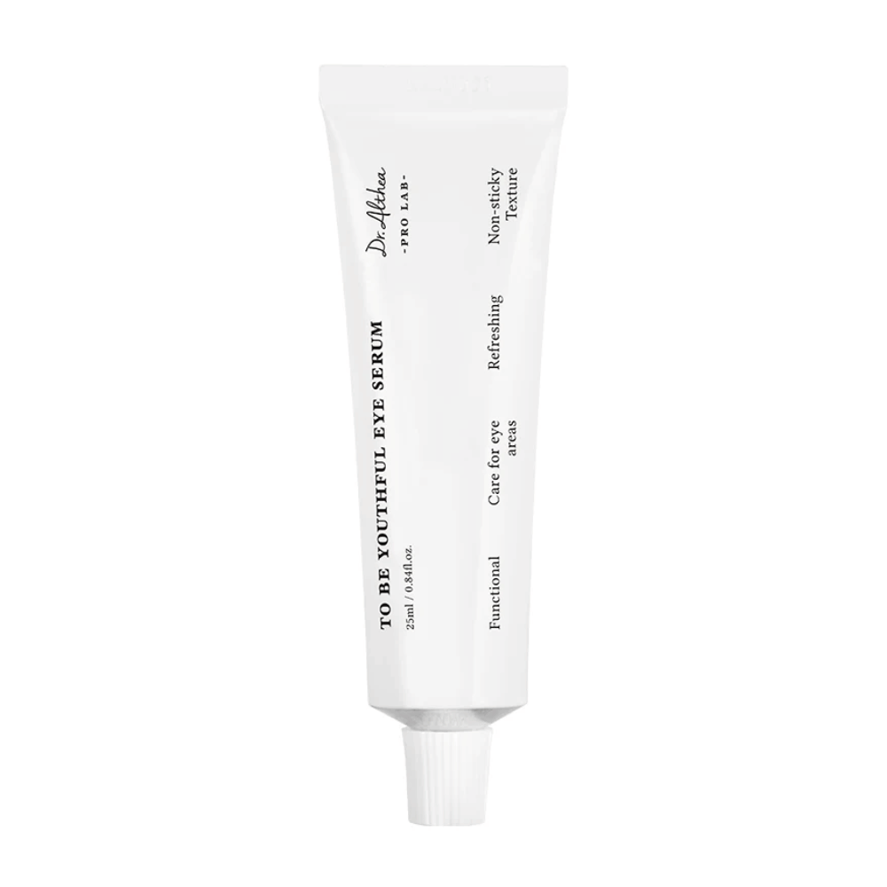 Image de Dr. "To Be Youthful Eye Serum" d'Althea dans un tube blanc. Le produit est destiné à soigner la zone des yeux avec une texture non collante et rafraîchissante. Il contient des ingrédients qui réduisent et préviennent les rides ainsi que les ridules autour des yeux.