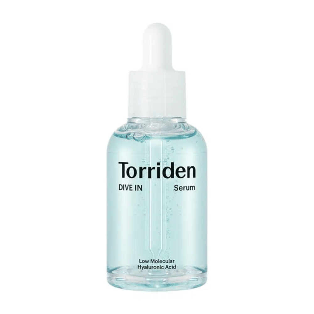 Une bouteille Torriden DIVE-IN Low Molecule Hyaluronic Acid Serum 50ml pour l'hydratation, sur fond blanc.
