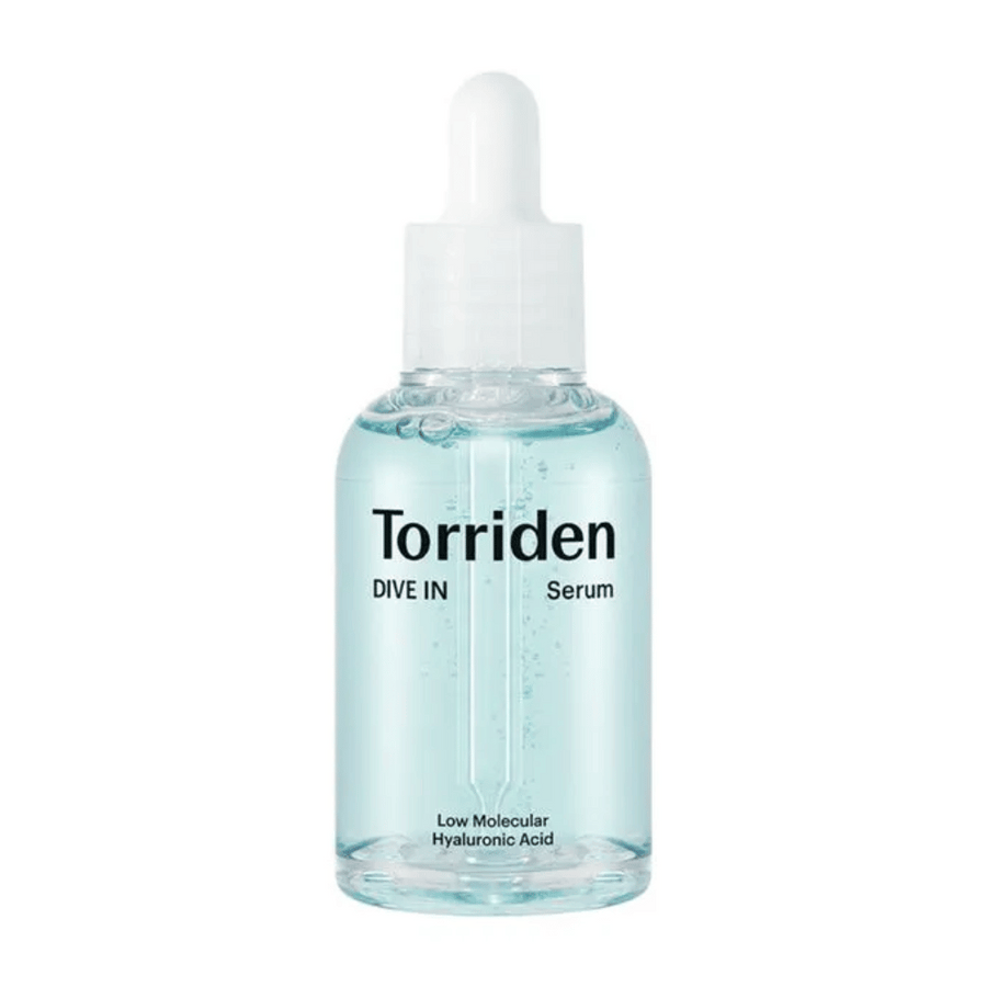 Une bouteille Torriden DIVE-IN Low Molecule Hyaluronic Acid Serum 50ml pour l'hydratation, sur fond blanc.