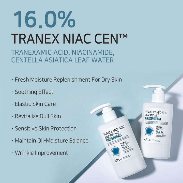 Image des bienfaits présentant le complexe 16 % Tranex Niac Cen™ du produit et ses propriétés telles que l’hydratation, l’effet apaisant, l’amélioration de l’élasticité de la peau, l’éclat ainsi qu’un équilibre entre sébum et hydratation.