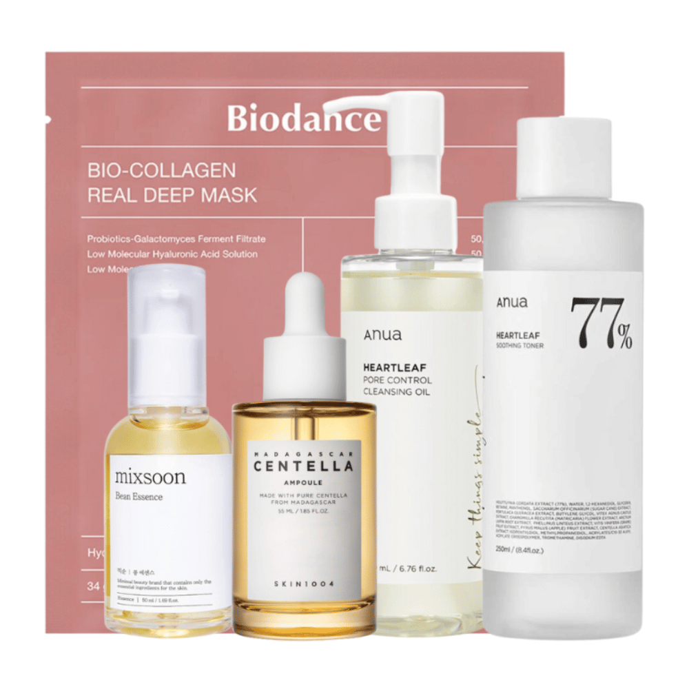 L'ensemble "Trending K-Beauty Must-Haves" contient Anua Heartleaf Pore Control Cleansing Oil, Heartleaf 77% Soothing Toner, Skin1004 Madagascar Centella Ampoule, et Mixsoon Bean Essence accompagnés d'un Bio-Collagen Real Deep Mask de Biodance. Ces produits sont soigneusement sélectionnés pour offrir un nettoyage en profondeur, une hydratation intensive et des effets apaisants pour la peau, ce qui en fait des produits essentiels pour une routine de soins de la peau complète.