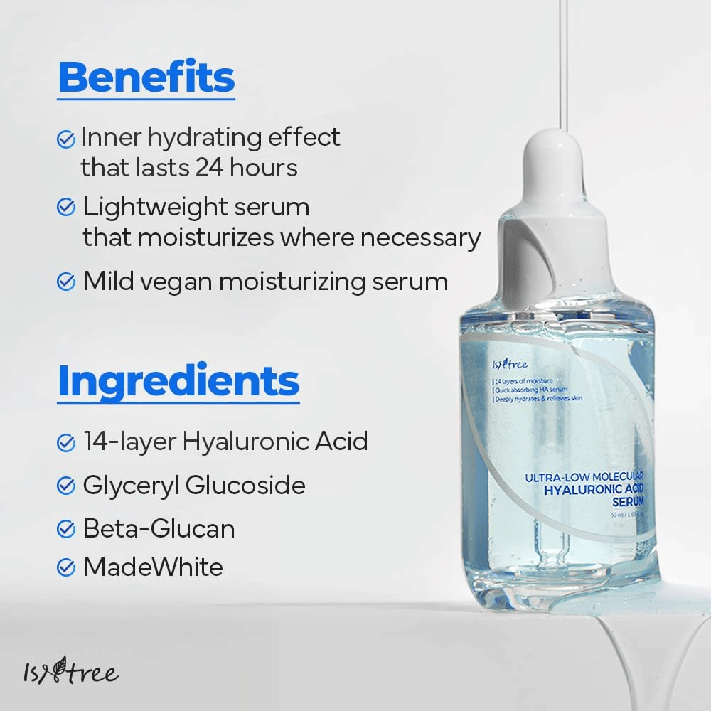 Isntree Ultra-Low Molecular Hyaluronic Acid Serum avec une formule légère et végane qui hydrate jusqu'à 24 heures et convient aux peaux sèches, sensibles et déshydratées.