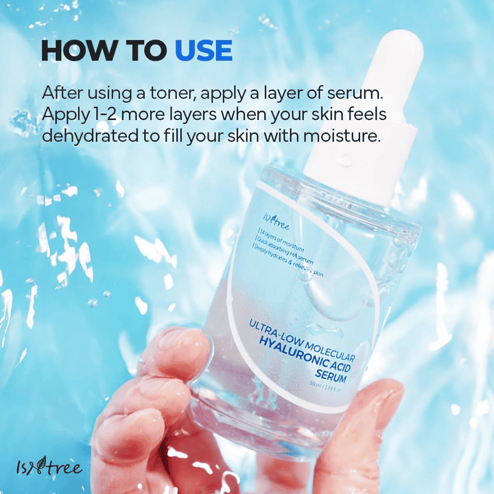 Isntree Ultra-Low Molecular Hyaluronic Acid Serum appliqué après toner visage pour une hydratation intense, montré en main avec éclaboussures d'eau, sérum léger pour peau sèche et déshydratée.