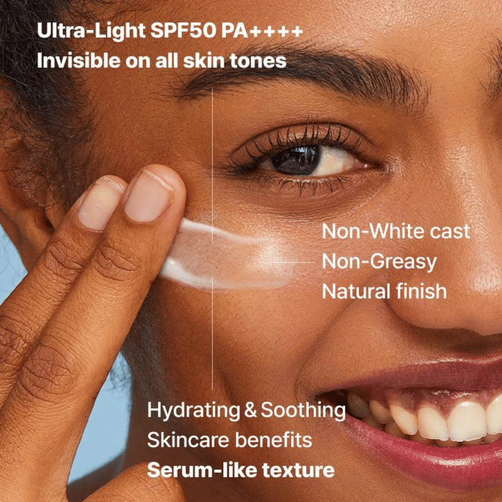 Gros plan sur une femme appliquant une crème solaire transparente avec ses doigts ; le texte met en avant SPF50 PA++++, pas de film blanc, finition naturelle et texture hydratante semblable à un sérum.