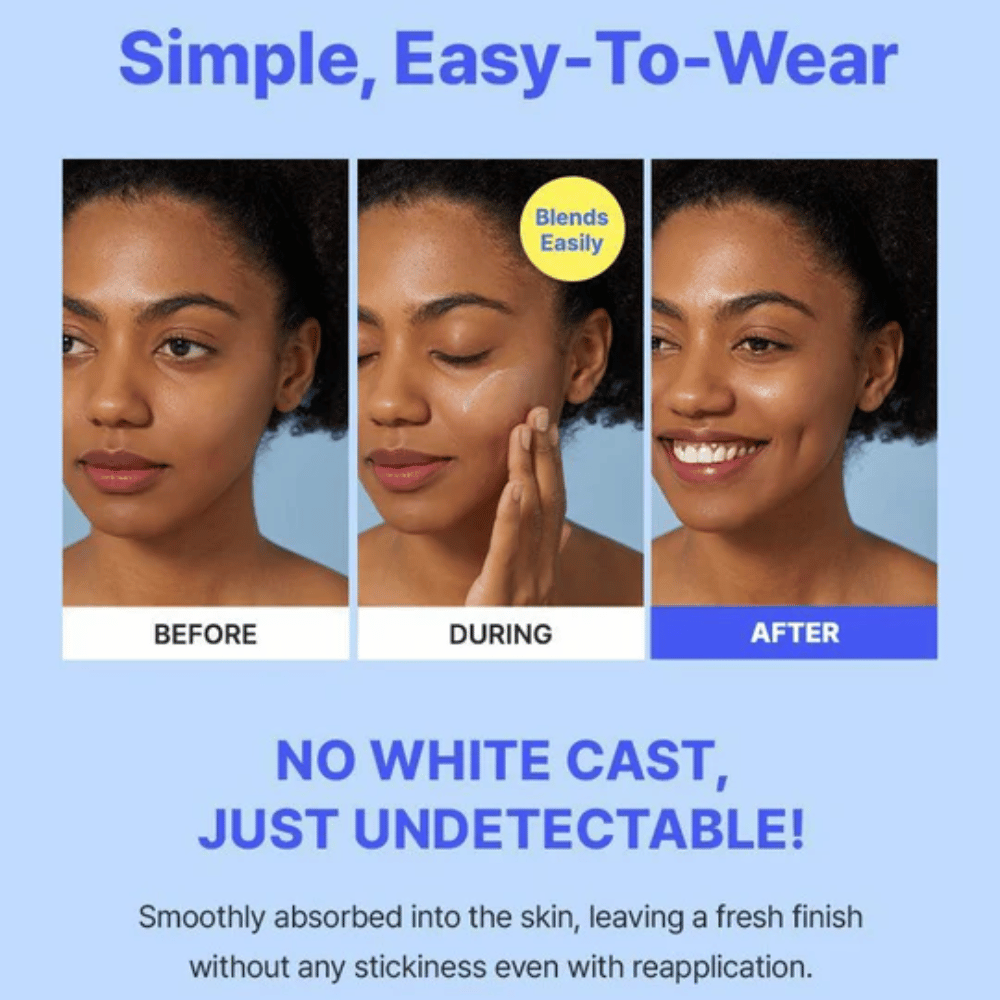 Images avant, pendant et après d'une femme appliquant un écran solaire ; le produit se mélange facilement sans laisser de film blanc et offre une finition naturelle.