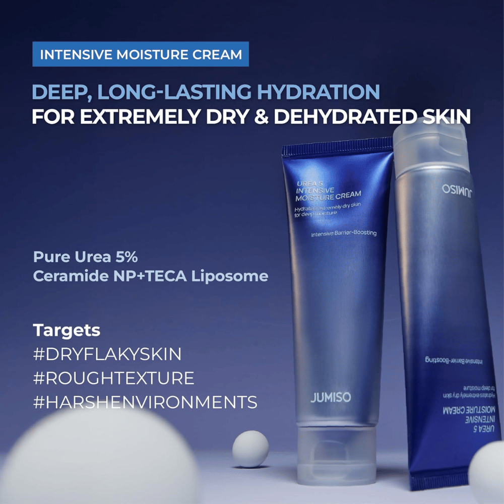 Image marketing présentant la crème comme une solution hydratante intensive pour les peaux extrêmement sèches et déshydratées. L’image met en avant les ingrédients clés 5 % d’urée, Ceramide NP et TECA Liposome, et recommande le produit pour les peaux sèches, squameuses, à texture rugueuse et soumises aux agressions des environnements secs.