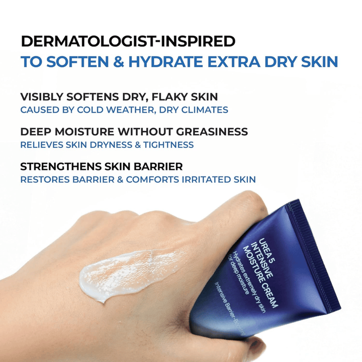Image d’information mettant en avant les principaux avantages de Jumiso Urea 5 Intensive Moisture Cream. La crème est décrite comme inspirée de la dermatologie pour les peaux très sèches et aide à adoucir les peaux squameuses, à offrir une hydratation profonde sans effet gras, ainsi qu’à renforcer la barrière cutanée. Une main montre la texture crémeuse du produit sur la peau.