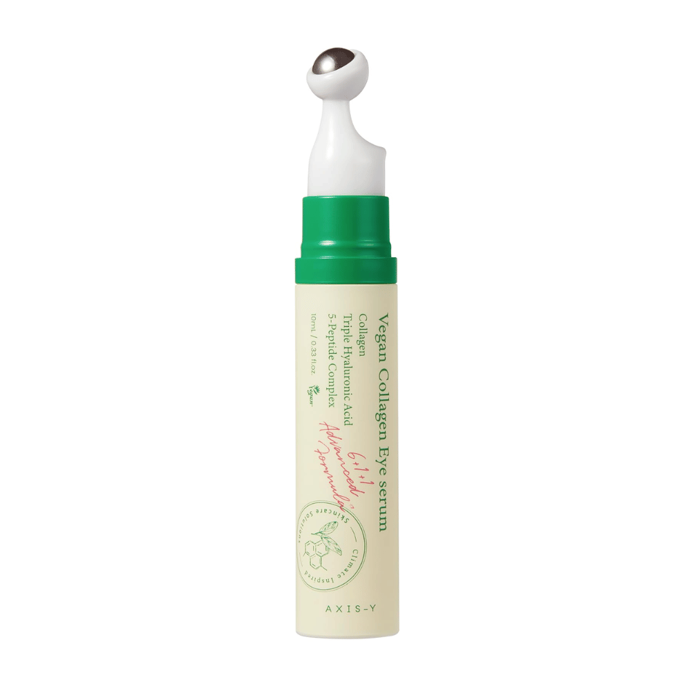 AXIS-Y Vegan Collagen Eye Serum 10ml avec un applicateur vert, conçu pour réduire les rides et hydrater la zone sensible autour des yeux. Le produit contient du collagène végétalien, de l'acide hyaluronique et un complexe de 5 peptides pour offrir des soins intensifs et de la nutrition.