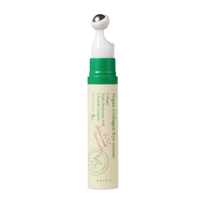 AXIS-Y Vegan Collagen Eye Serum 10ml avec un applicateur vert, conçu pour réduire les rides et hydrater la zone sensible autour des yeux. Le produit contient du collagène végétalien, de l'acide hyaluronique et un complexe de 5 peptides pour offrir des soins intensifs et de la nutrition.