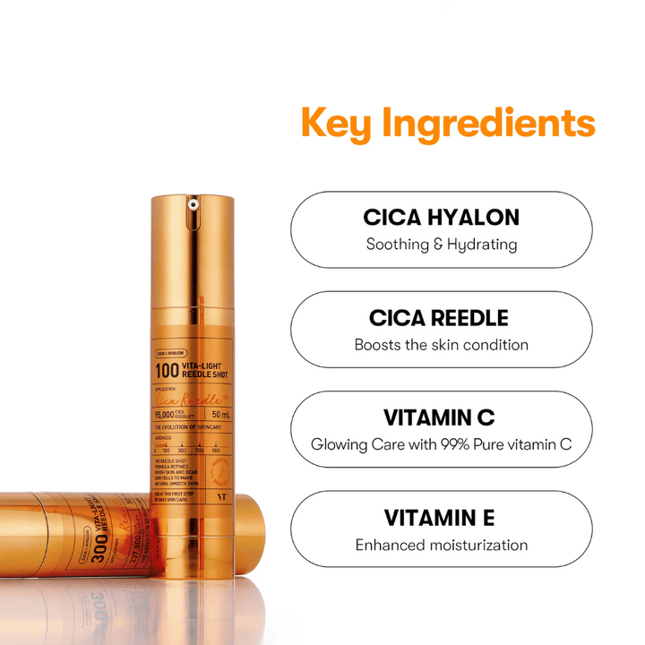 Bouteille dorée VT Cica Hyalon Vita-Light Reedle Shot 100hL, 50 ml, avec pompe, debout à côté d'une bouteille couchée. À droite, les ingrédients clés sont listés : Cica Hyalon, Cica Reedle, Vitamine C et Vitamine E.