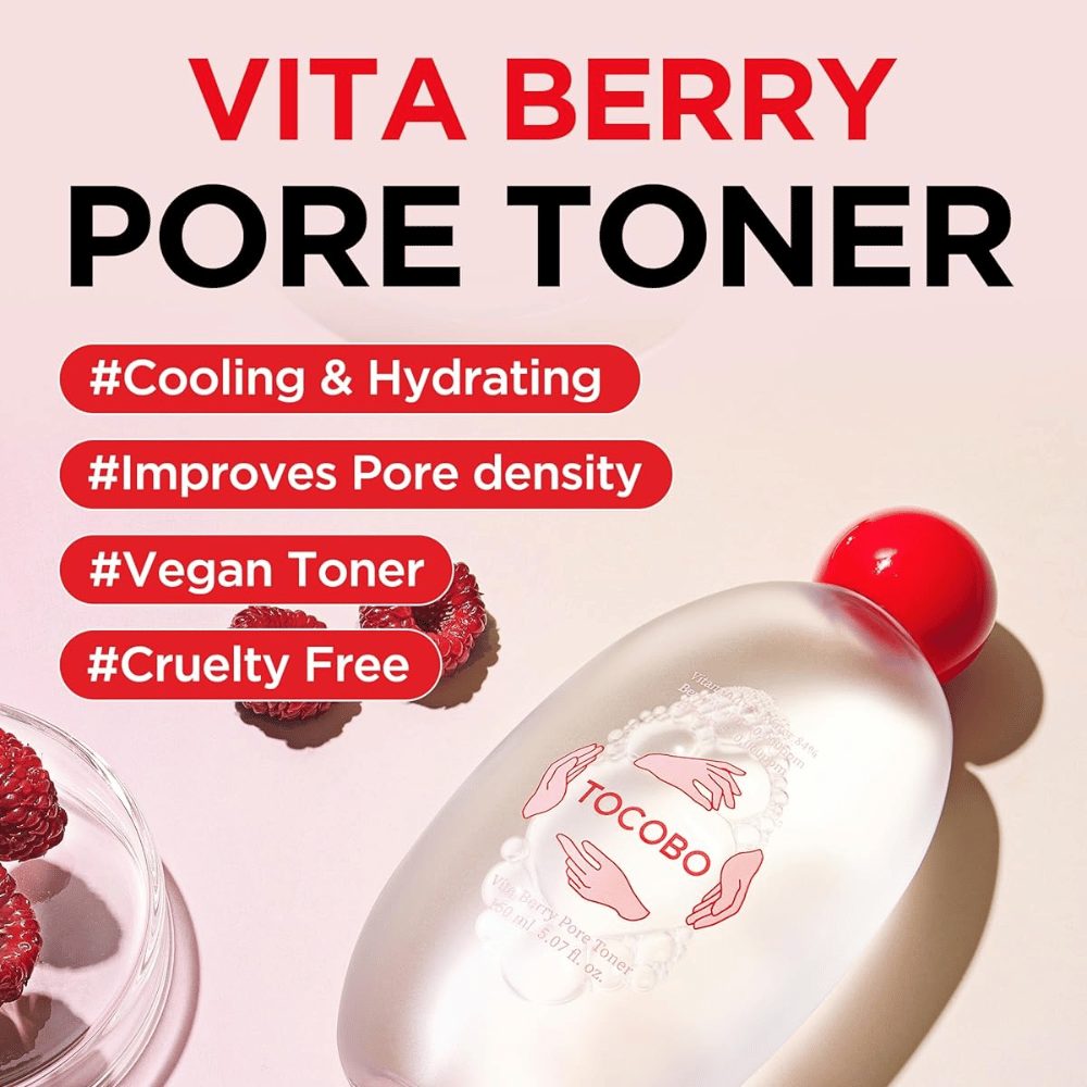 Image produit avec texte mettant en avant les propriétés du toner telles que l’hydratation, la sensation de fraîcheur, l’amélioration du soin des pores, ainsi que le fait que le produit est vegan et cruelty-free.