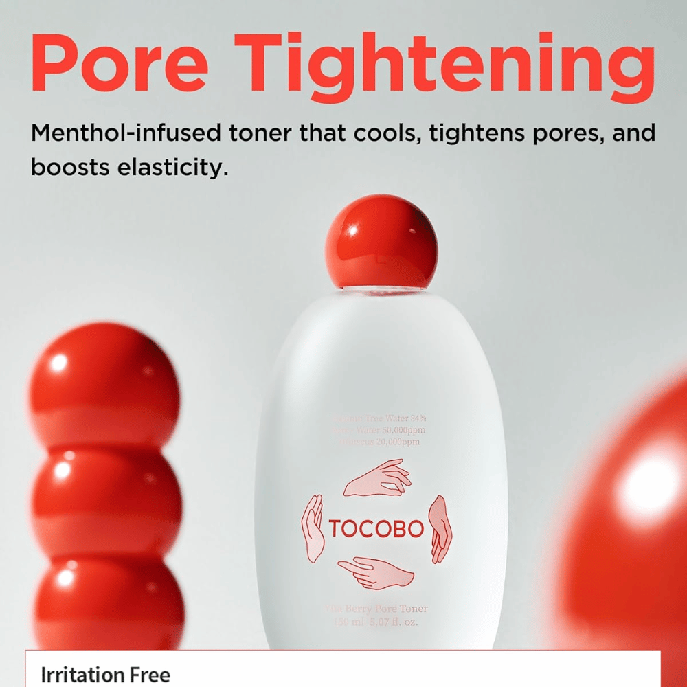 Image promotionnelle pour TOCOBO Vita Berry Pore Toner décrivant l’effet rafraîchissant du toner, ses propriétés resserrantes pour les pores et l’amélioration de l’élasticité de la peau grâce à une formule infusée au menthol.