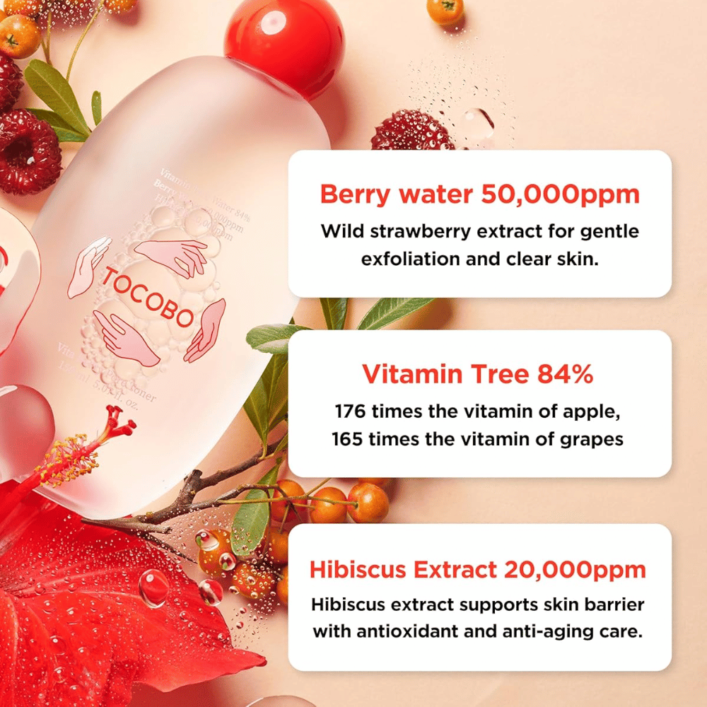 Image des ingrédients mettant en avant les ingrédients clés du toner, notamment berry water, vitamin tree et l’extrait d’hibiscus, en mettant l’accent sur l’exfoliation, le soin antioxydant et le renforcement de la barrière cutanée.