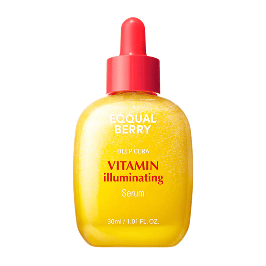 Equal Berry Vitamin Illuminating Serum dans une bouteille jaune chatoyante avec une pipette rouge. Apporte éclat et nutrition pour une peau rayonnante.