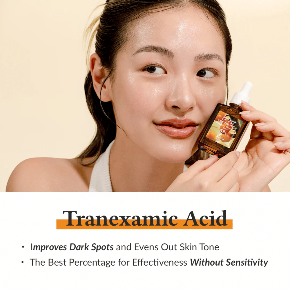 Cette image montre un produit contenant de l'acide tranexamique, connu pour améliorer les taches sombres et uniformiser le teint. Le produit offre une concentration efficace qui est douce et minimise le risque d'irritation cutanée.
