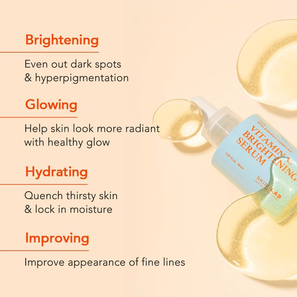 Skin&Lab Vitamin C Brightening Serum améliore le ton et la texture de la peau en réduisant les taches sombres et l'hyperpigmentation. Il hydrate, donne un éclat sain et améliore l'élasticité de la peau. Parfait pour donner à la peau un aspect éclatant et uniforme.