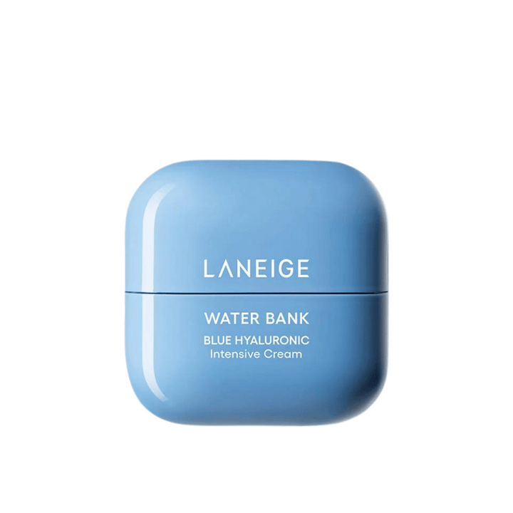 LANEIGE Water Bank Blue Hyaluronic Intensive Cream dans un pot rond bleu, détaché sur fond blanc.