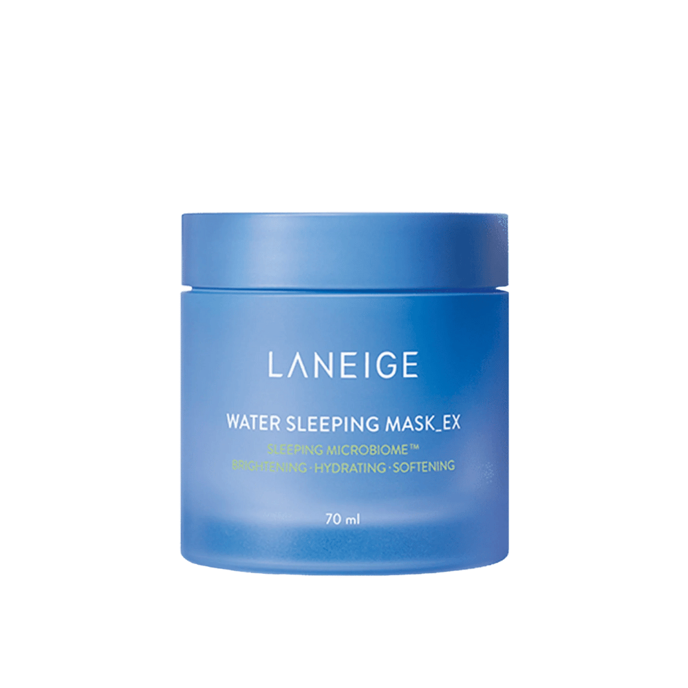 LANEIGE Water Sleeping Mask_EX dans un pot bleu avec texte blanc et vert, isolé sur fond blanc.