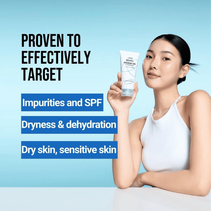 Personne à la peau nette et hydratée tenant Jumiso Waterfull Hyaluronic Acid Cleansing Foam. L’image décrit la capacité du produit à cibler les impuretés, les résidus de SPF, la sécheresse et les peaux sensibles.