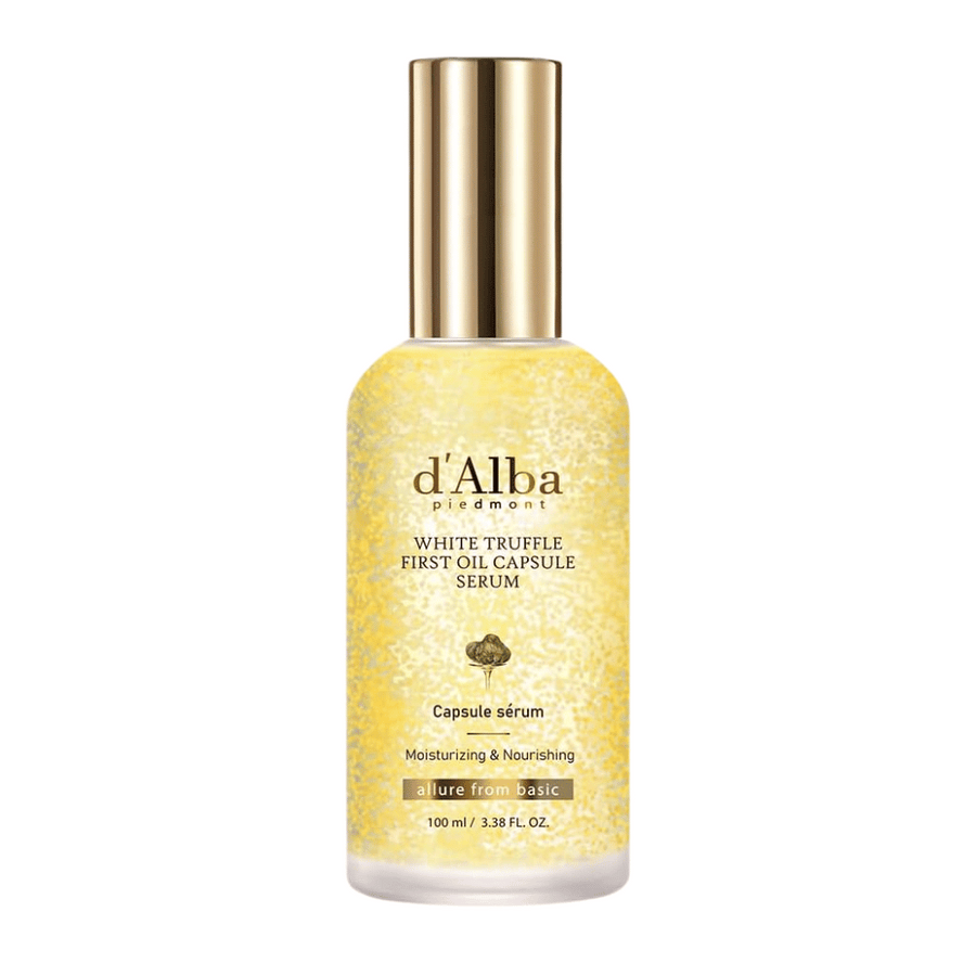 Image du produit de d'Alba White Truffle First Oil Capsule Serum dans une bouteille transparente avec des capsules dorées.