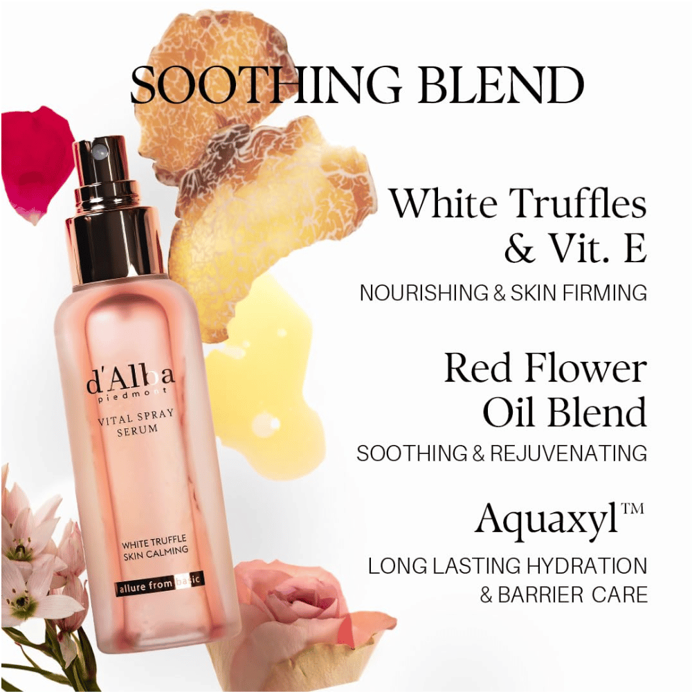 d'Alba White Truffle Vital Spray Serum – truffe blanche, vitamine E, huiles florales et Aquaxyl pour l’hydratation et le soin de la barrière cutanée