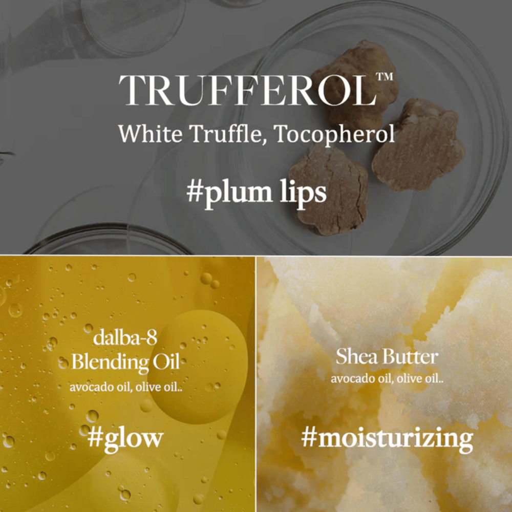 Image d'ingrédients avec Truffe Blanche, Tocophérol, Huile de Mélange et Beurre de Karité pour d'Alba Nourishing Serum Lip Balm, marqué avec les hashtags #plum lips, #glow et #moisturizing.
