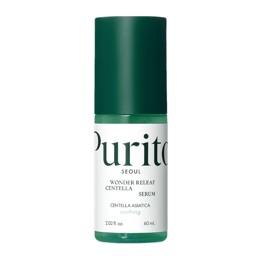 Purito Wonder Releaf Centella Serum dans une bouteille verte et blanche avec un contenu de 60 ml, centrée sur un fond blanc.