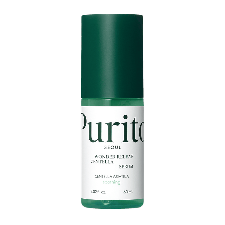 Purito Wonder Releaf Centella Serum dans une bouteille verte et blanche avec un contenu de 60 ml, centrée sur un fond blanc.