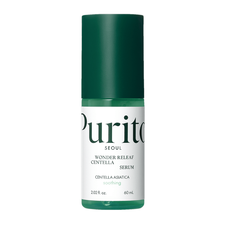Purito Wonder Releaf Centella Serum dans une bouteille verte et blanche avec un contenu de 60 ml, centrée sur un fond blanc.