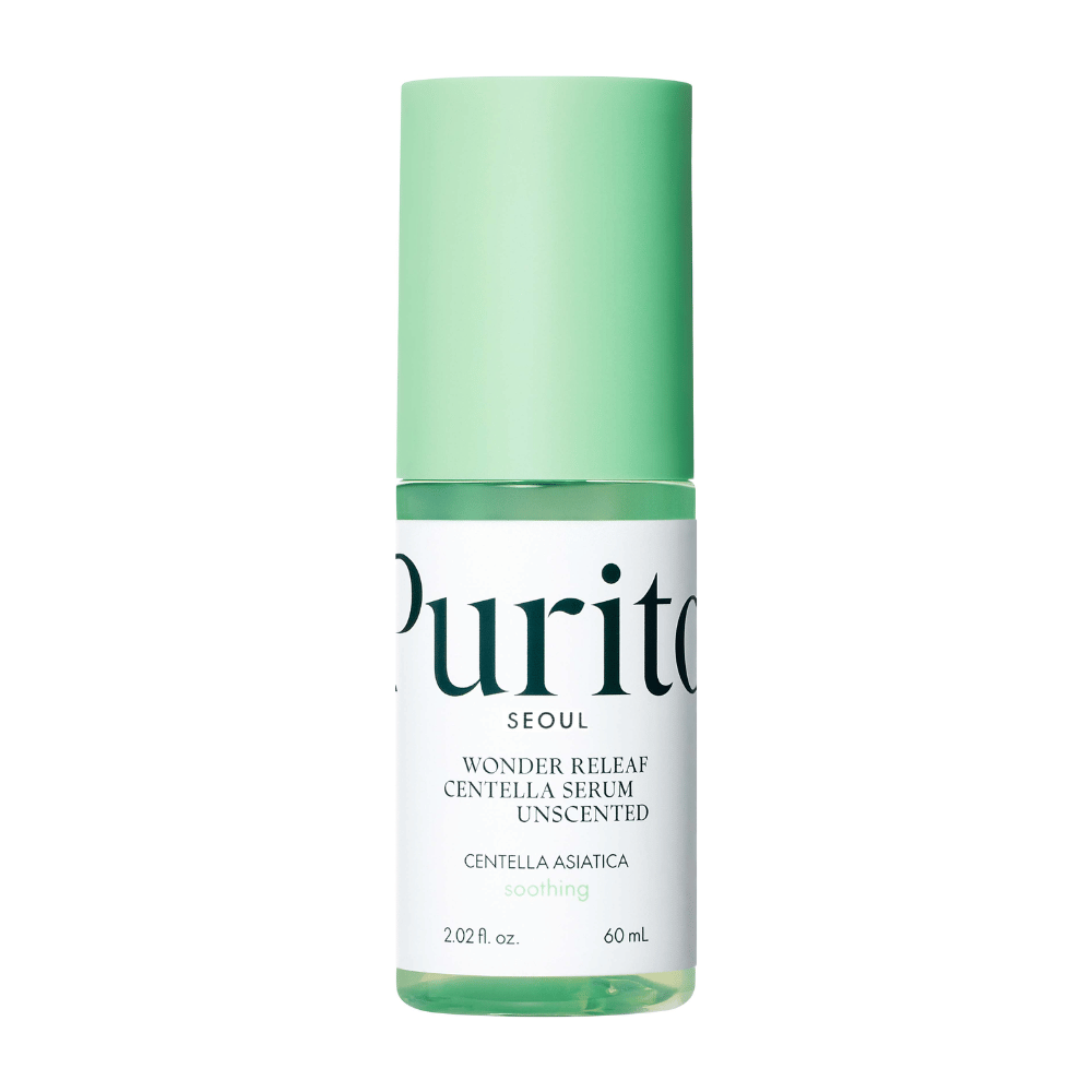 Bouteille fermée de Purito Wonder Releaf Centella Serum, sans parfum, sur un fond blanc.