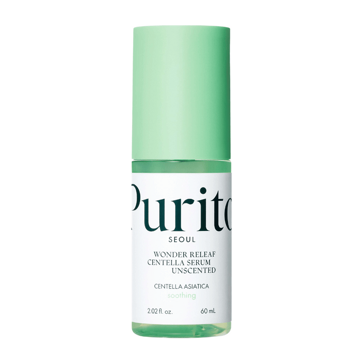Bouteille fermée de Purito Wonder Releaf Centella Serum, sans parfum, sur un fond blanc.