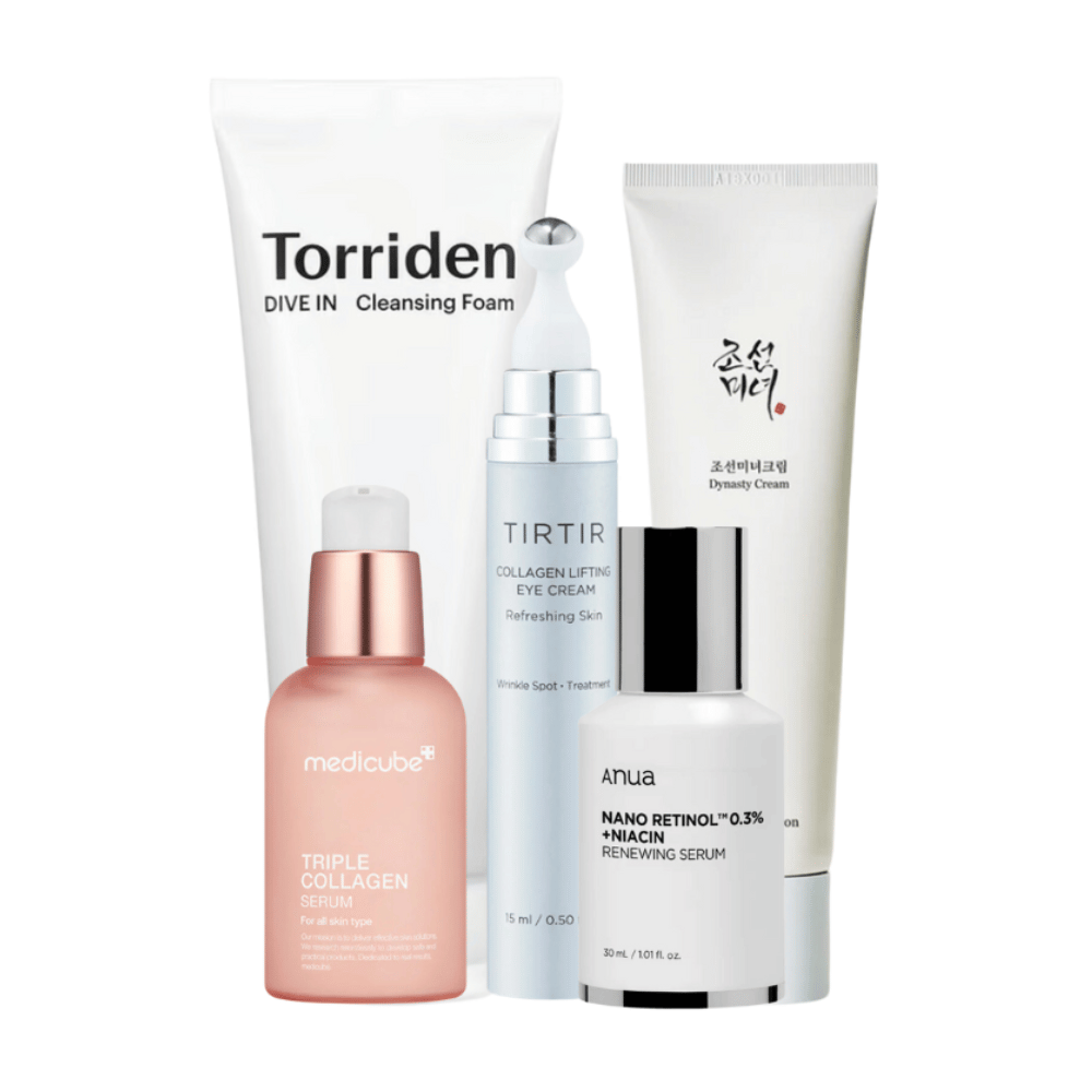 Cet ensemble, "Youthful Radiance Anti-Aging Kit", comprend une gamme de produits de soin de la peau pour revitaliser et soigner la peau mature. L'ensemble contient Torriden Dive In Cleansing Foam, Tirtir Collagen Lifting Eye Cream, Medicube Triple Collagen Serum et Anua Nano Retinol 0.3% + Niacin Renewing Serum avec Beauty of Joseon Dynasty Cream.